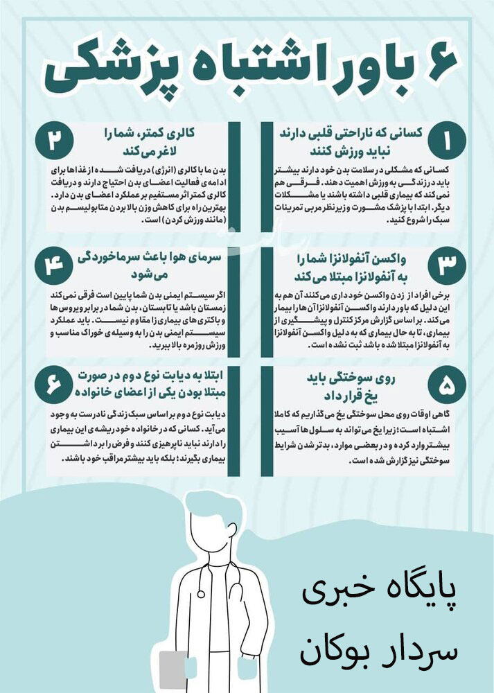 شش باور نادرست پزشکی که همچنان در میان عموم مردم رواج دارد، می‌تواند پیامدهای جدی برای سلامت فردی و اجتماعی به‌همراه داشته باشد. برای نمونه، تصور رایج استفاده از آنتی‌بیوتیک‌ها برای درمان سرماخوردگی، در حالی‌که این بیماری عمدتاً منشأ ویروسی دارد، نه‌تنها بی‌تأثیر است بلکه می‌تواند به مقاومت دارویی منجر شود. همچنین باور اشتباهی نظیر ضرورت پایین آوردن تب در تمامی موارد یا قطع مصرف دارو پس از بهبود نسبی علائم، از جمله رفتارهایی هستند که می‌توانند روند درمان را مختل کنند. افسانه‌هایی مانند مضر بودن واکسن‌ها یا بی‌نیاز بودن به مراجعه پزشک برای علائم خفیف نیز از جمله باورهای نادرستی هستند که باید با آموزش صحیح و آگاهی‌رسانی عمومی اصلاح شوند. شناسایی و تصحیح این باورها گامی اساسی در ارتقای سطح سلامت جامعه به شمار می‌رود.